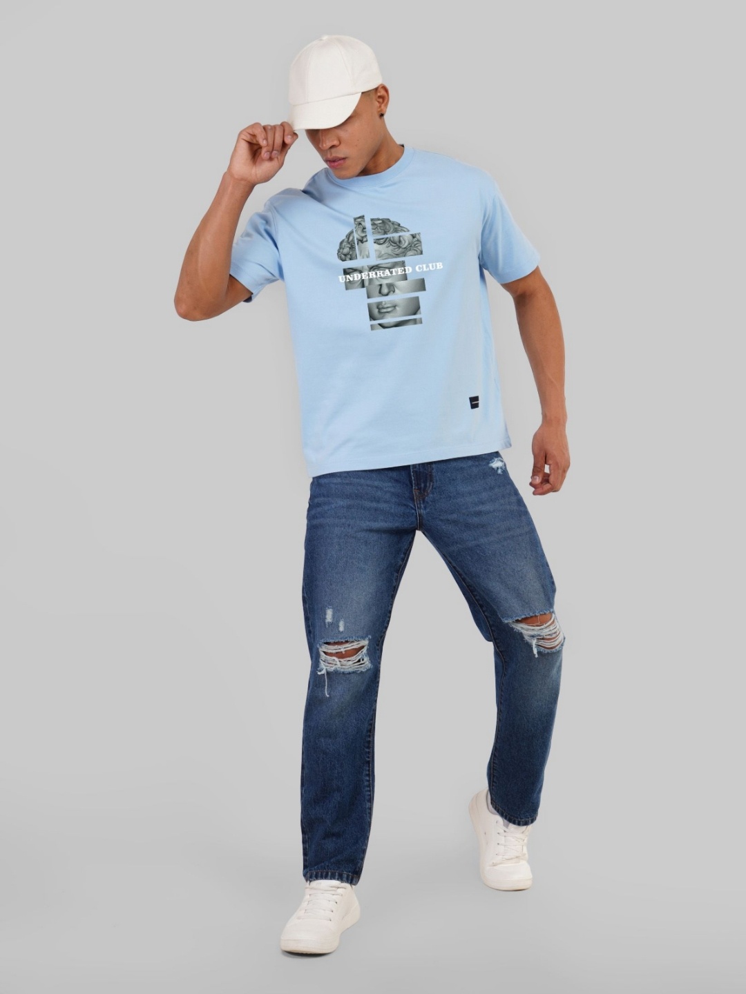 

Underrated Club Men Printed Bio Finish Raw Edge T-shirt, Blue