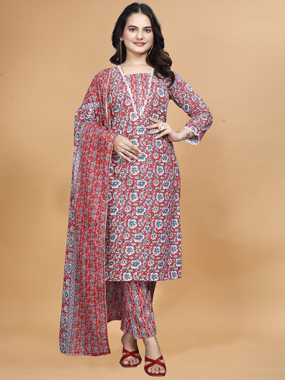 

SANJANA SILK Women Regular Pure Cotton Kurta with Trousers & With Dupatta, Brown