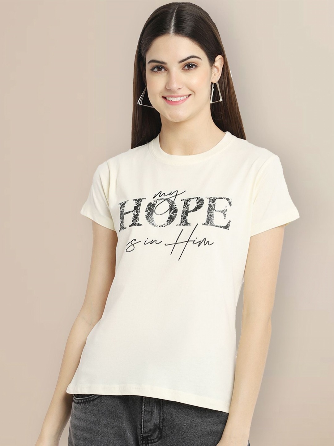 

GLOBAL NOMAD Women Typography Printed T-shirt, Cream