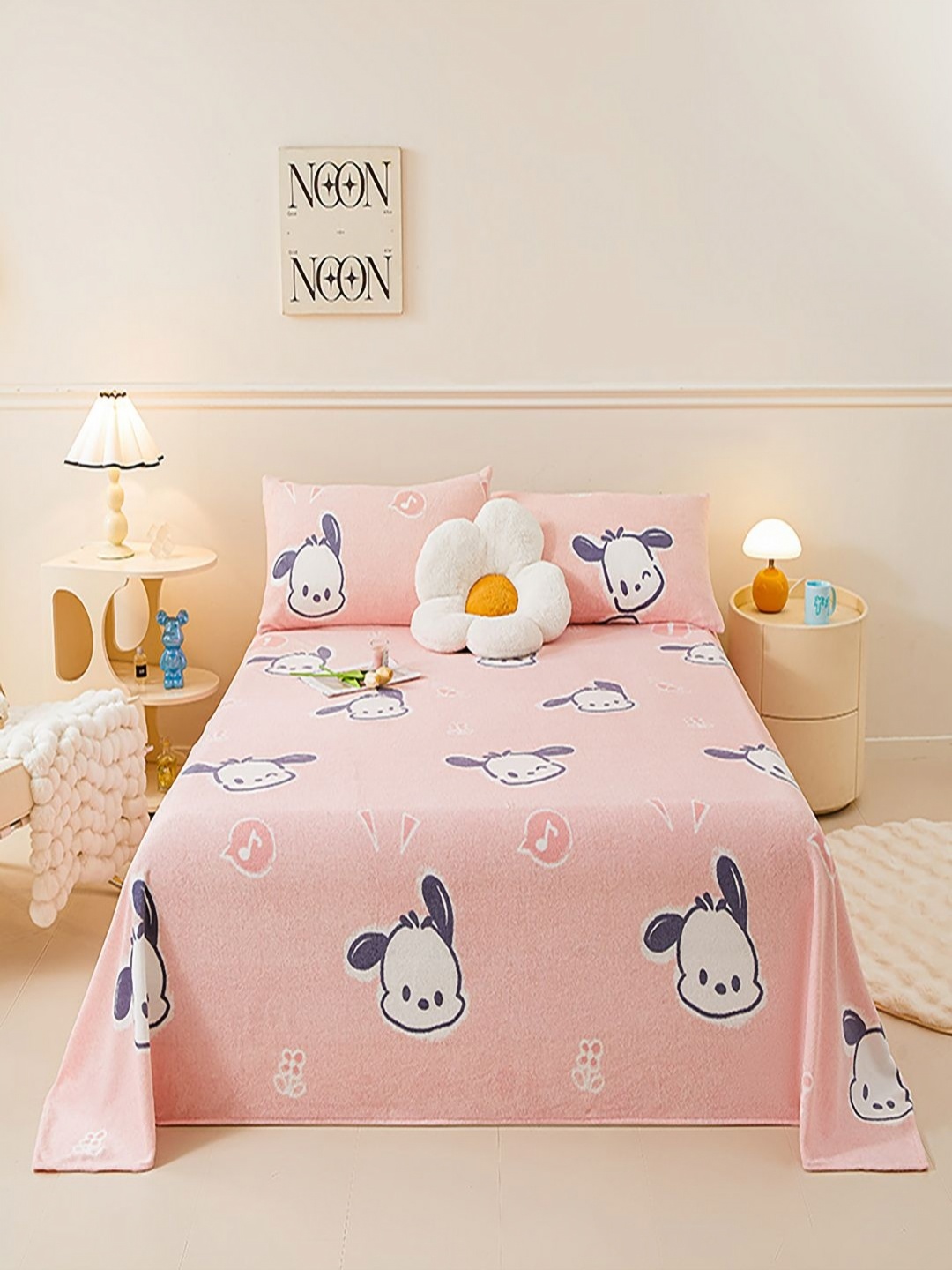 

JC HOME Pink & White Cartoon Characters 150 TC King Bedsheet with 2 Pillow Covers