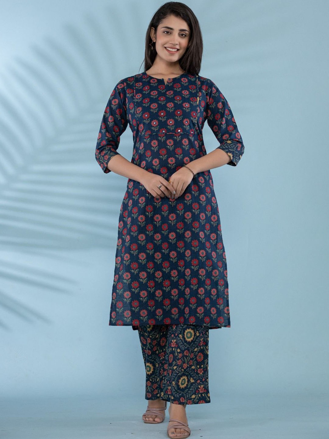 

VEDANA Women Floral Regular Mirror Work Pure Cotton Kurta with Trousers, Navy blue