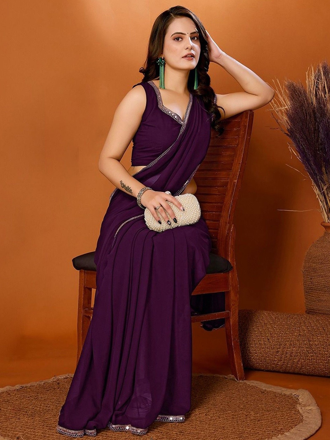 

LeeliPeeri Designer Mirror Work Poly Georgette Designer Saree, Purple