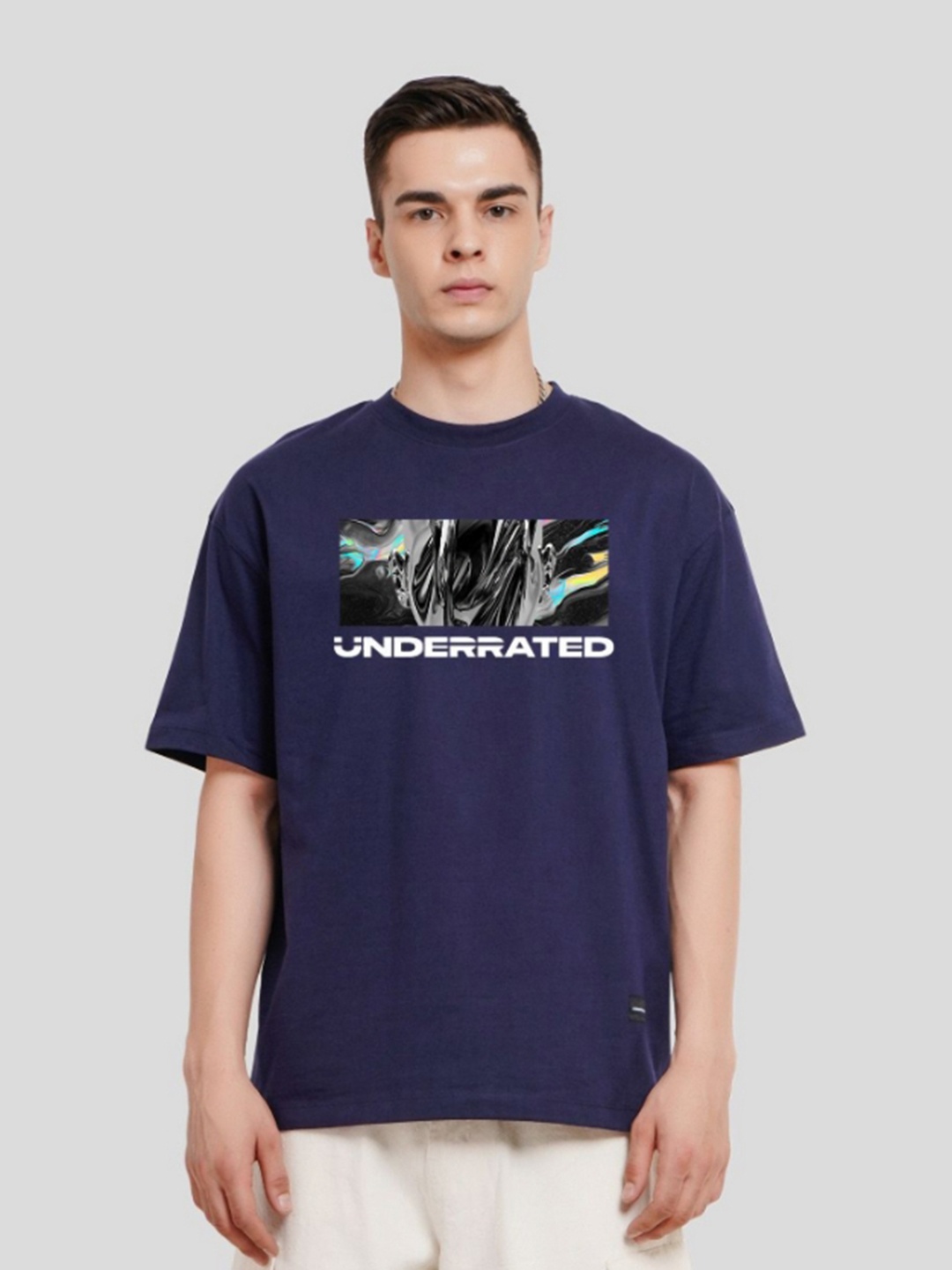 

Underrated Club Men Printed Bio Finish Raw Edge T-shirt, Navy blue