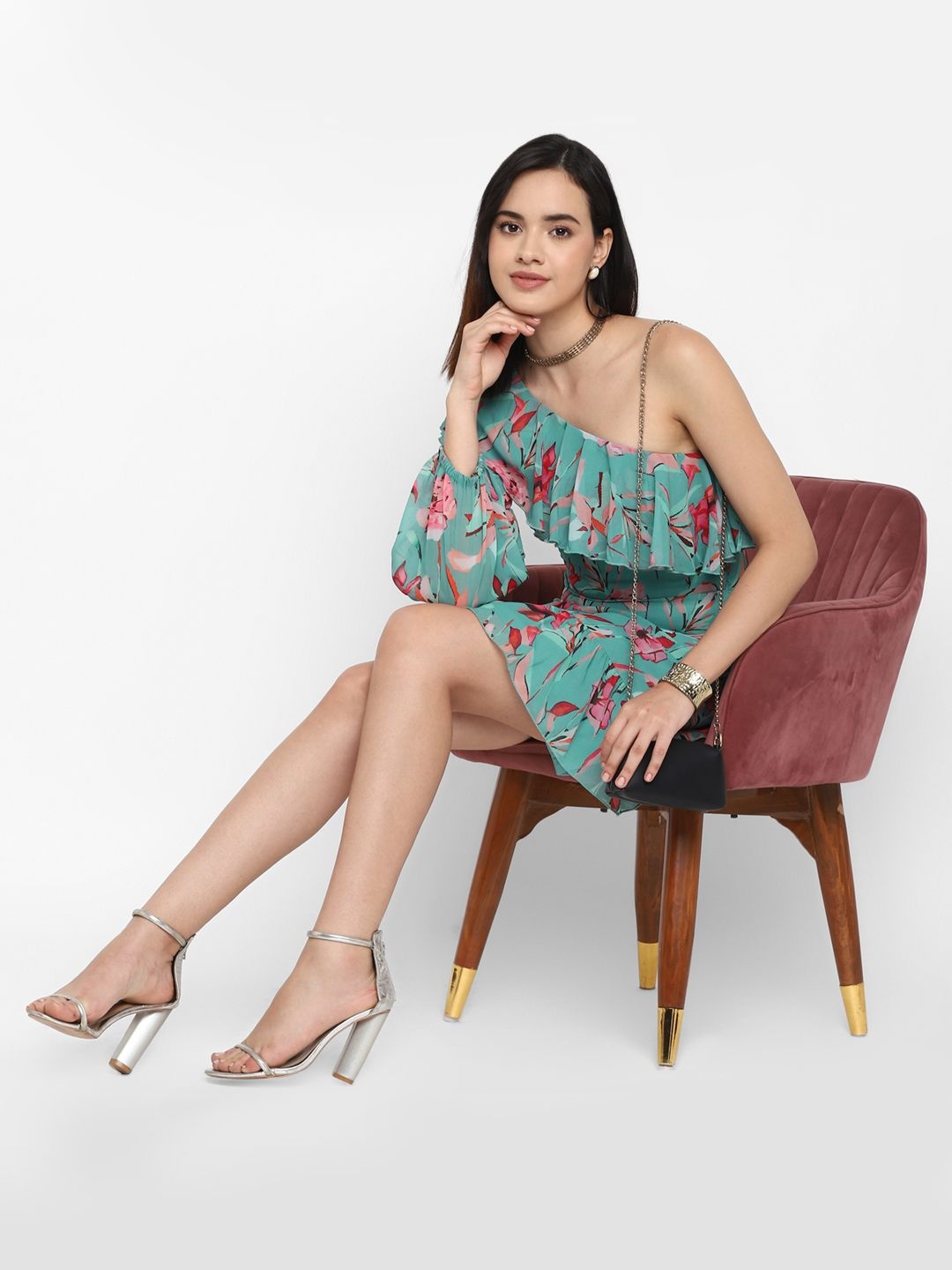 

Taurus Print One Shoulder Puff Sleeve A-Line Dress, Green