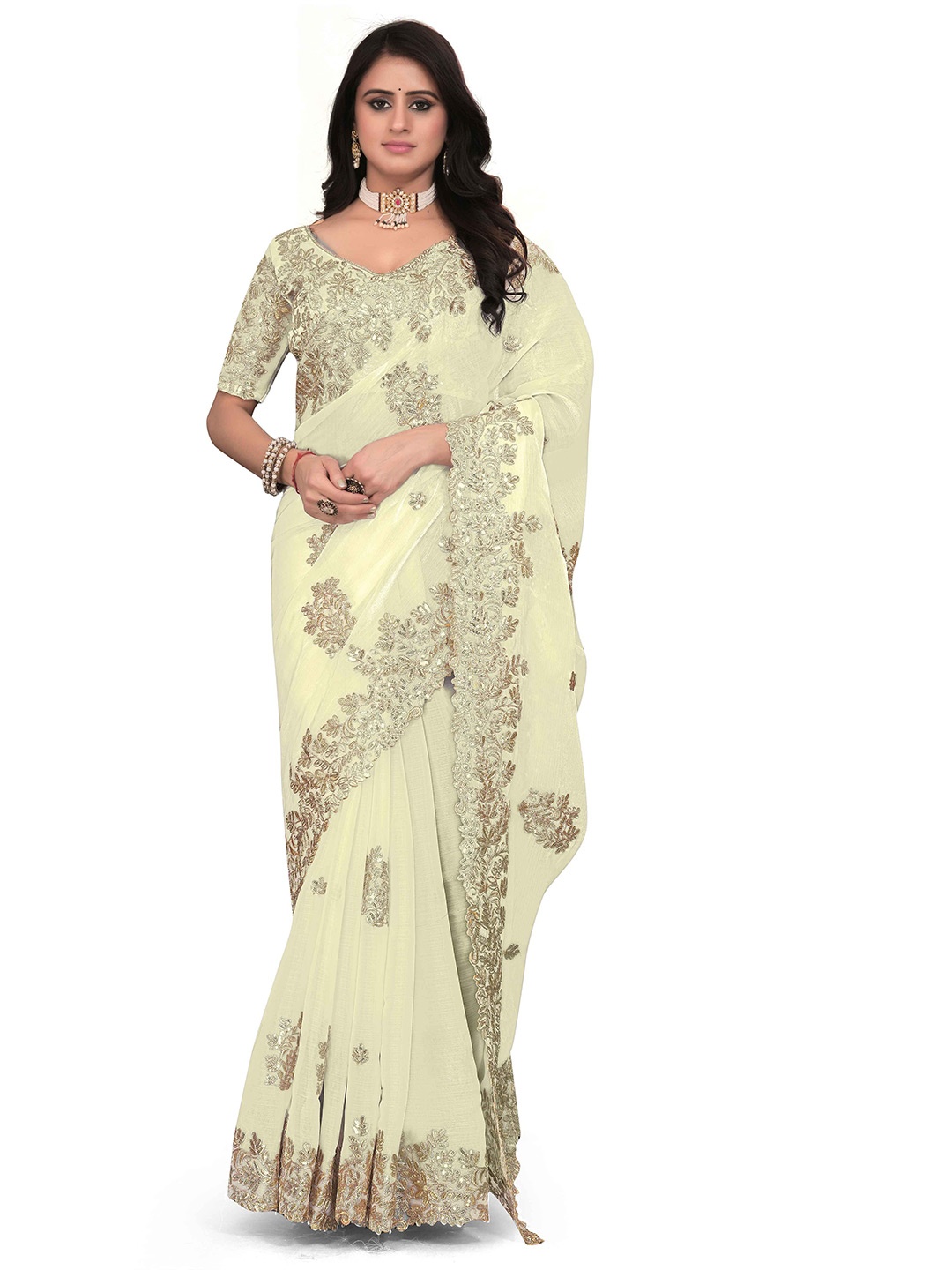 

Avirat Designer Studio Floral Banarasi Saree, White