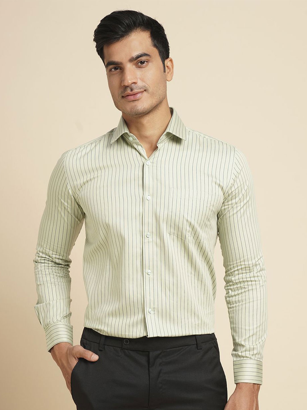 

John Philips Men Slim Fit Opaque Striped Formal Shirt, Green