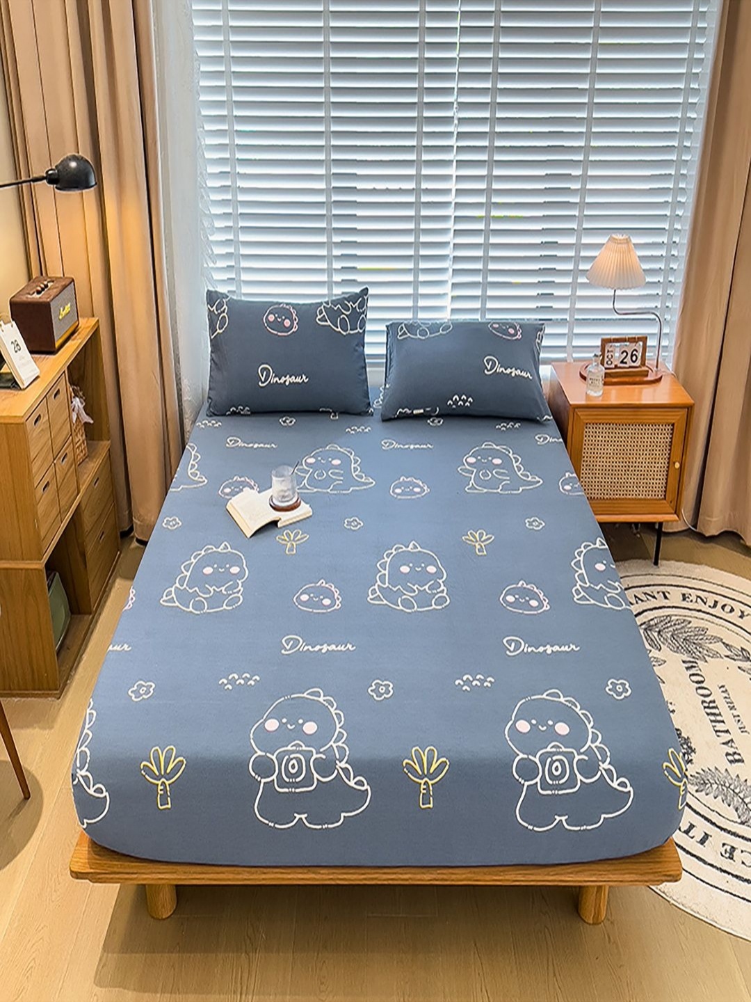 

JC HOME Blue & White Cartoon Characters 220 TC King Bedsheet with 2 Pillow Covers