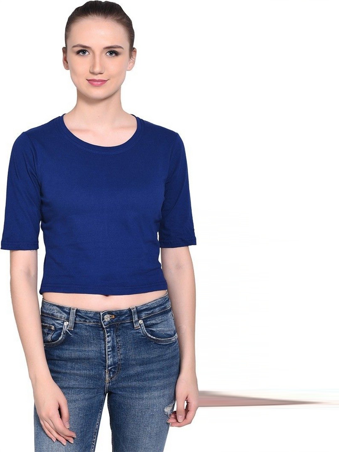 

BEYOU FASHION Women Drop-Shoulder Sleeves Raw Edge Slim Fit T-shirt, Blue