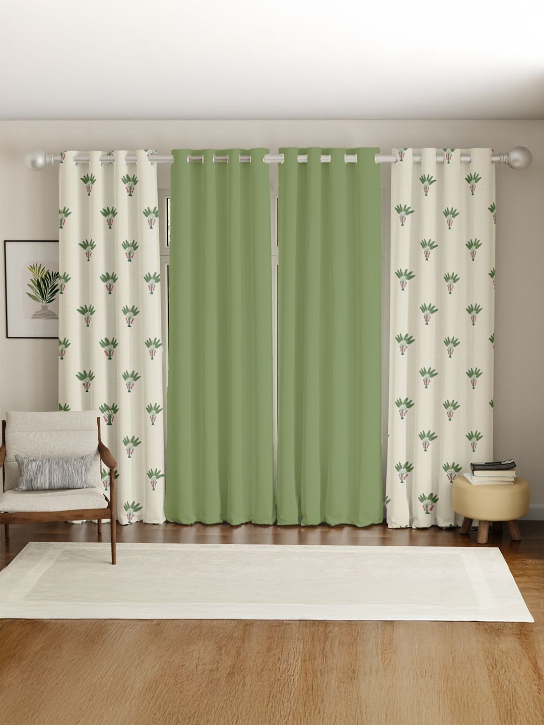 

URBAN SPACE Green & White Set of 4 Floral Door Curtain