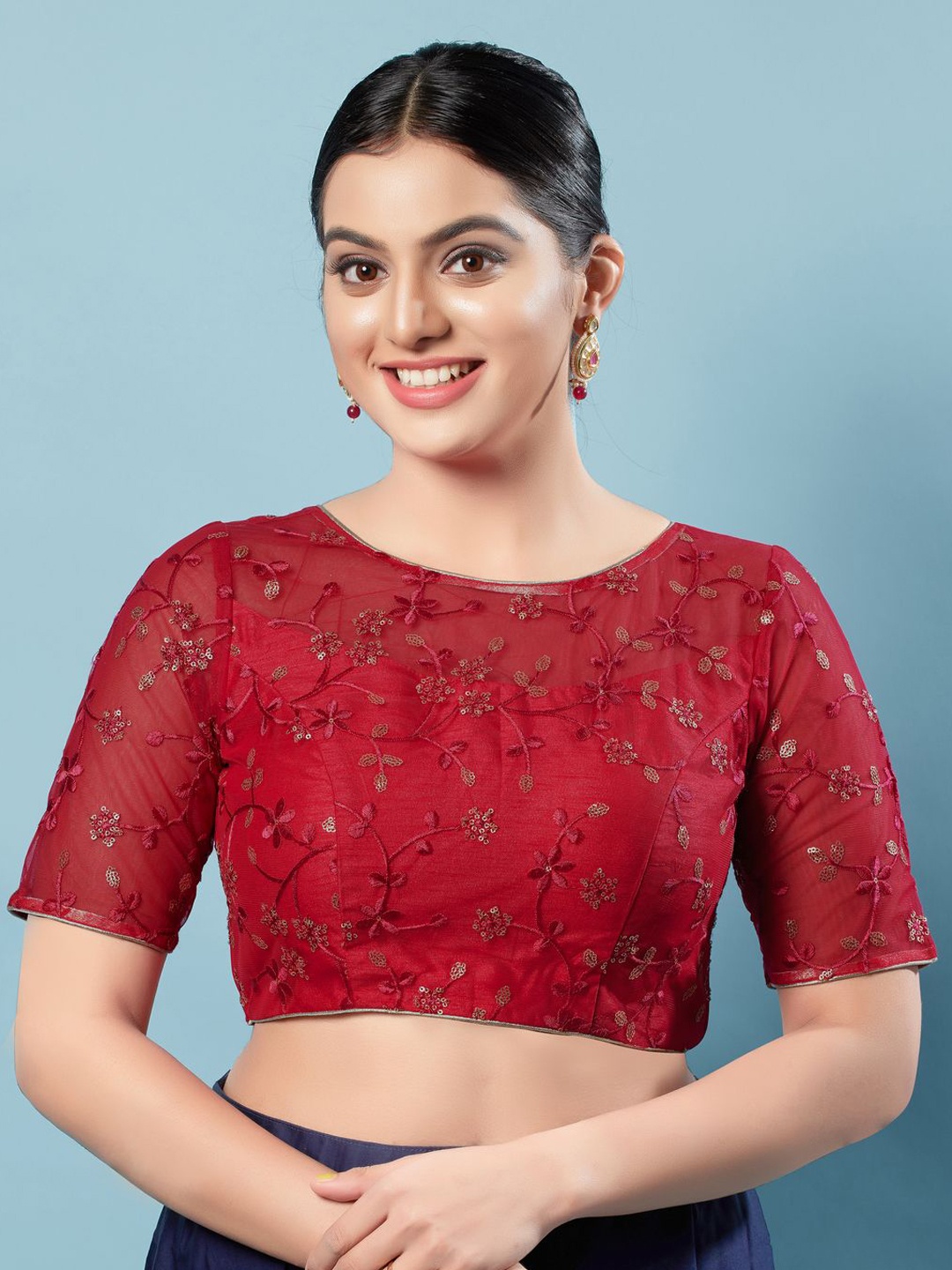 

VAMAS - THE DESIGNER BLOUSES Women Round Neck Padded Saree Blouse, Red
