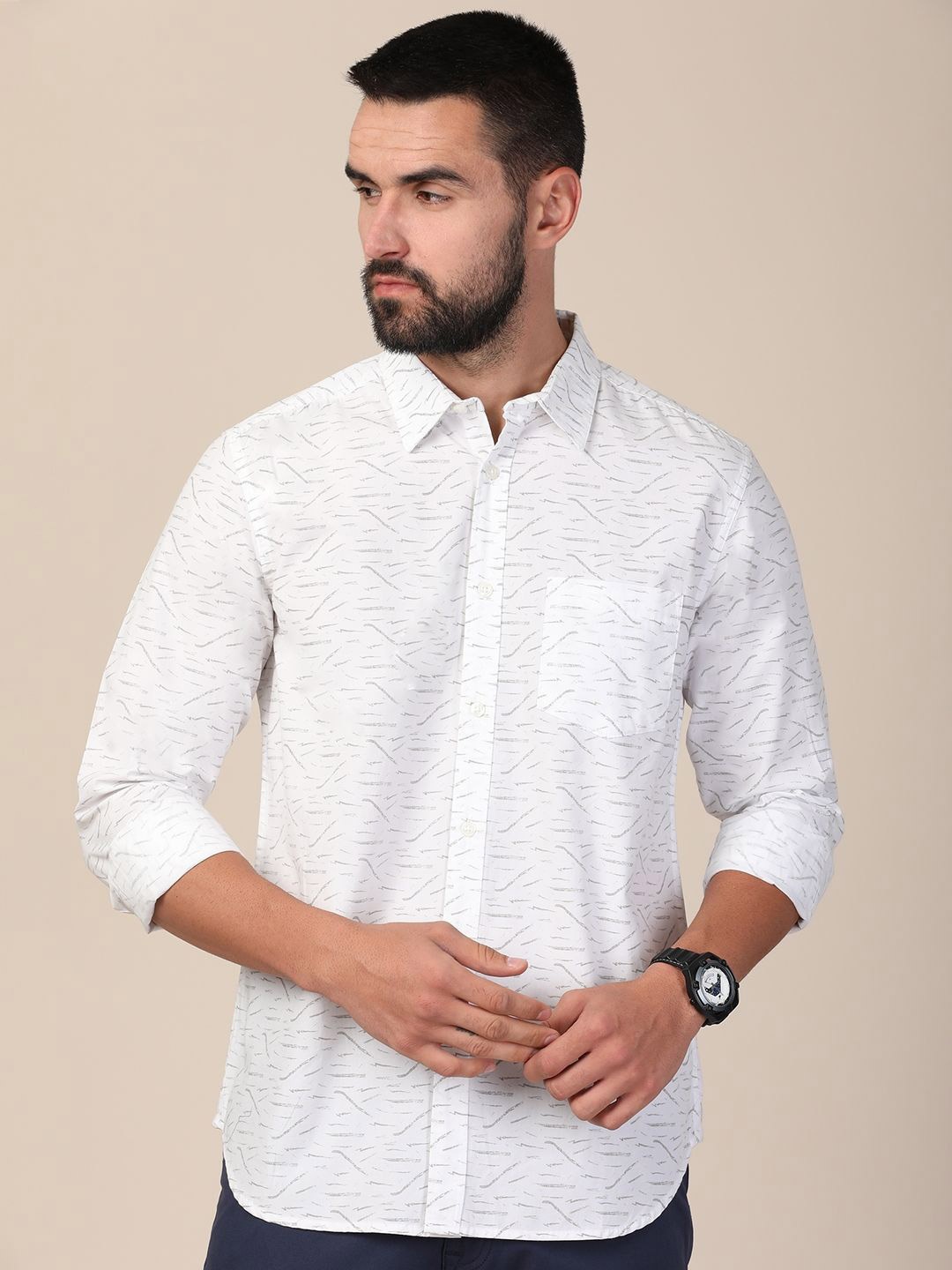 

MERCHANT MARINE Men Standard Slim Fit Sheer Printed Casual Shirt, White