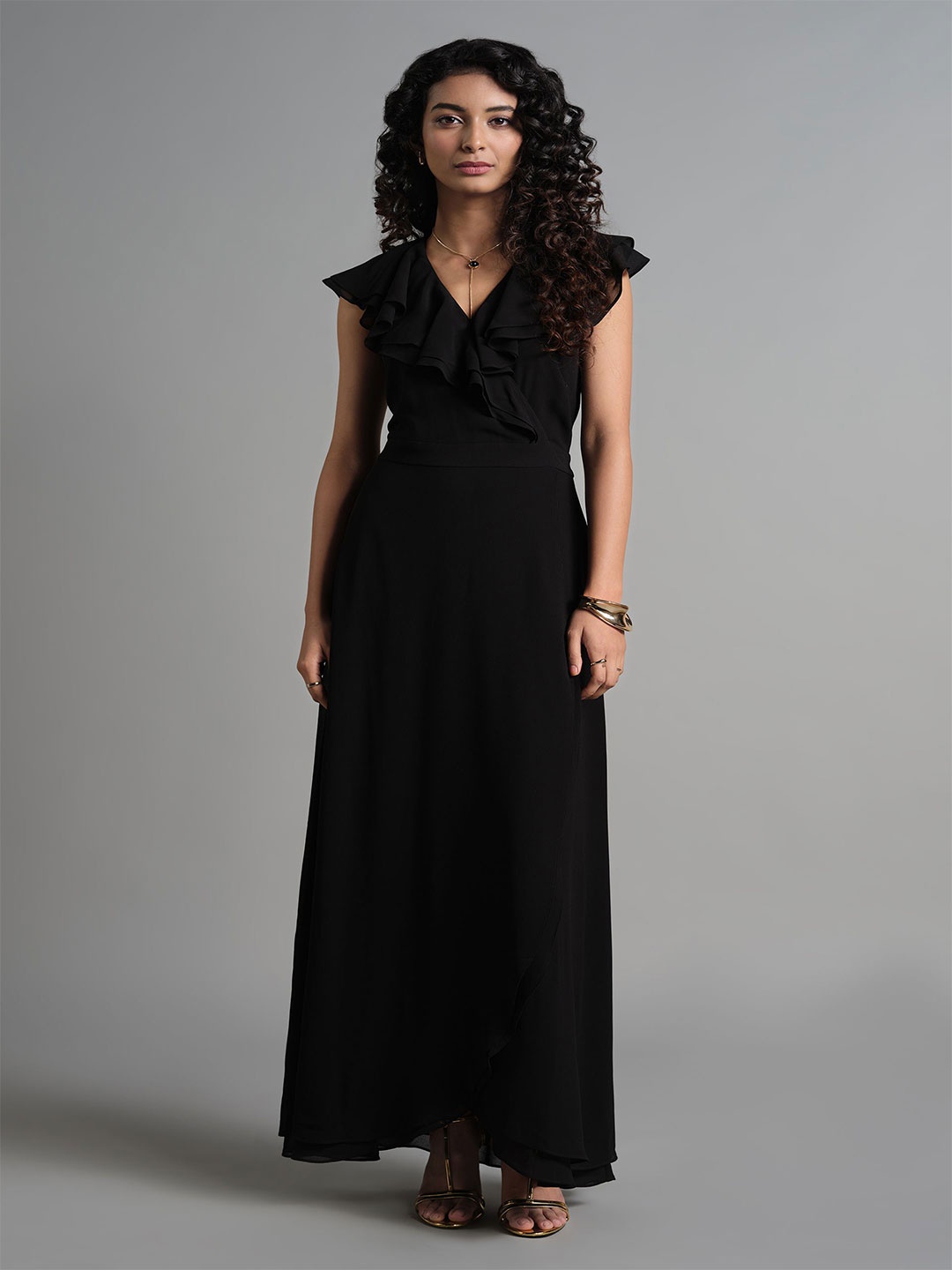 

AND Flutter Sleeve Maxi Midi Dress, Black