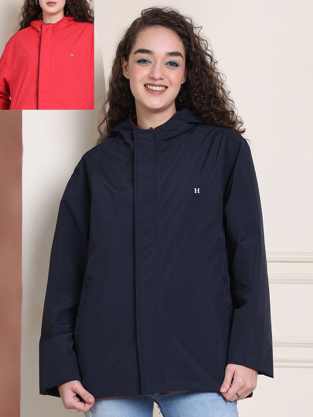 

HOUSE OF VEDAS Reversible Waterproof Hooded Rain Jacket, Red