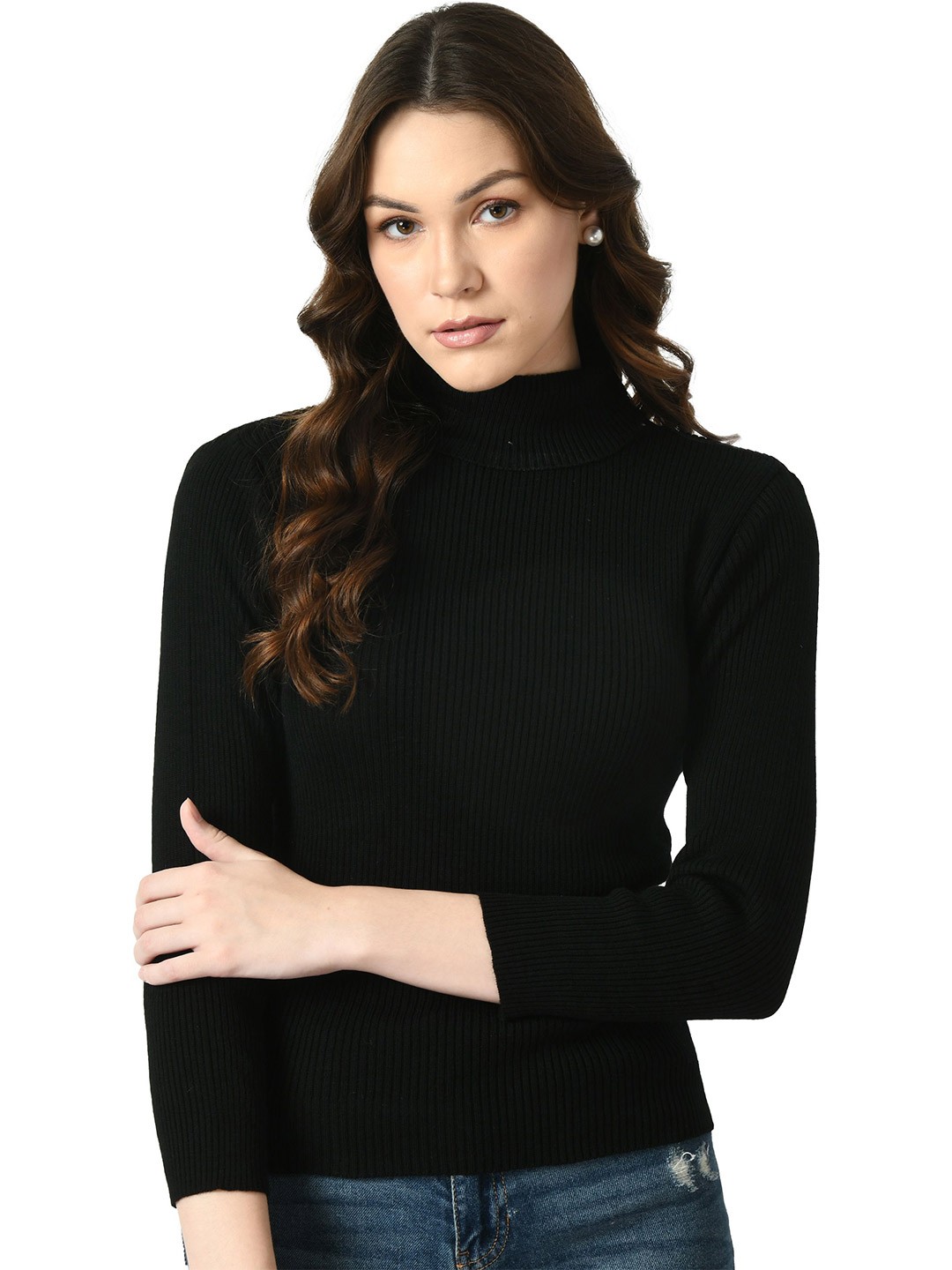 

Klart Women Ribbed High Neck Pullover Sweater, Black