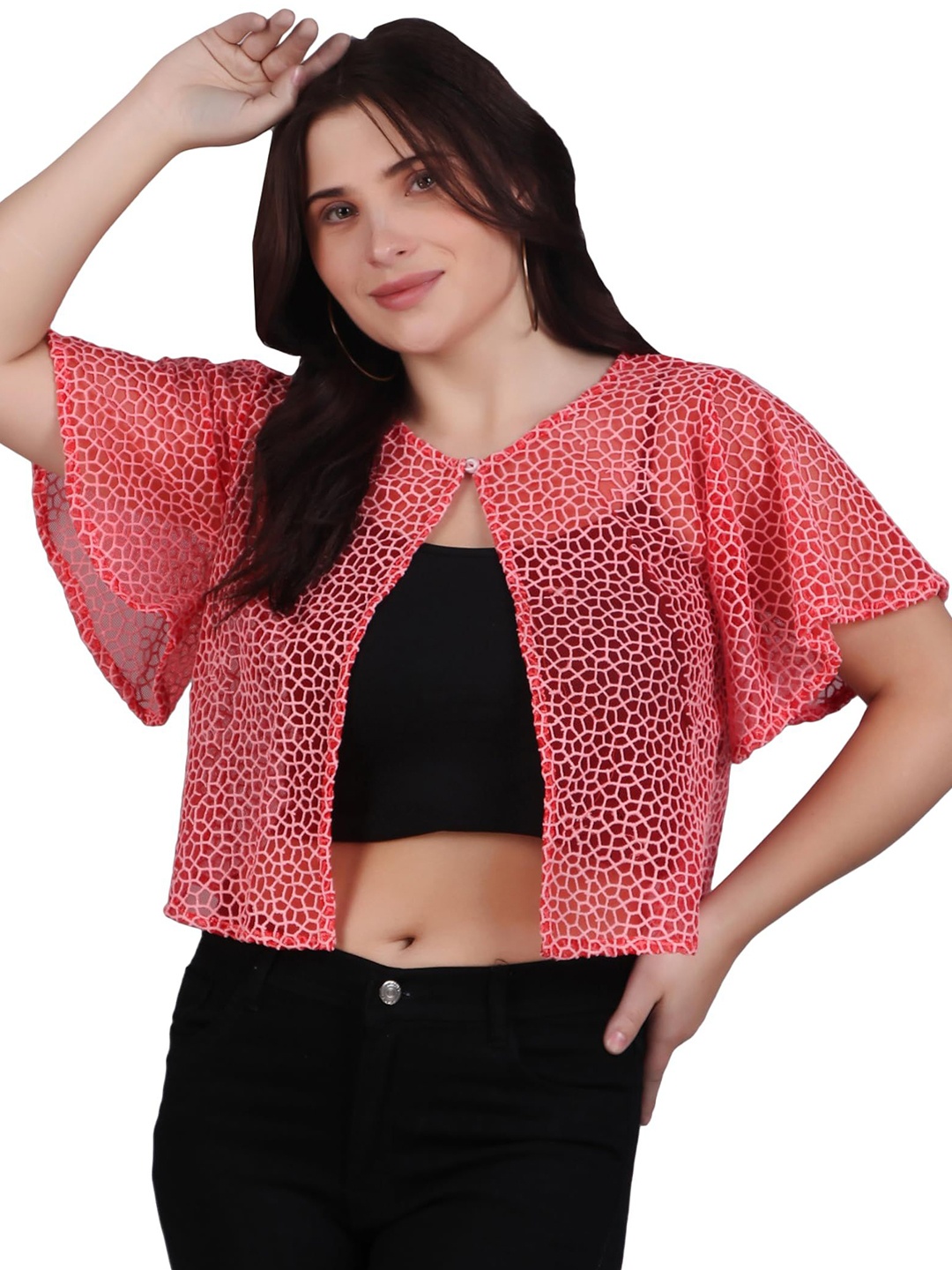 

SZN Women Printed Crop Button Shrug, Red