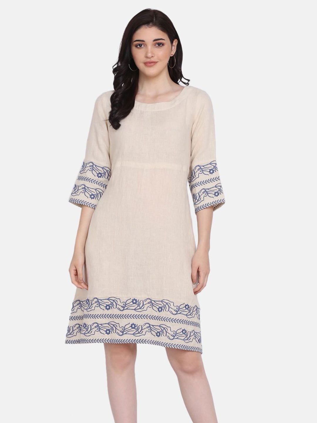 

ECO LEAS BY SHIPRA Bell Sleeve Linen A-Line Dress, Beige