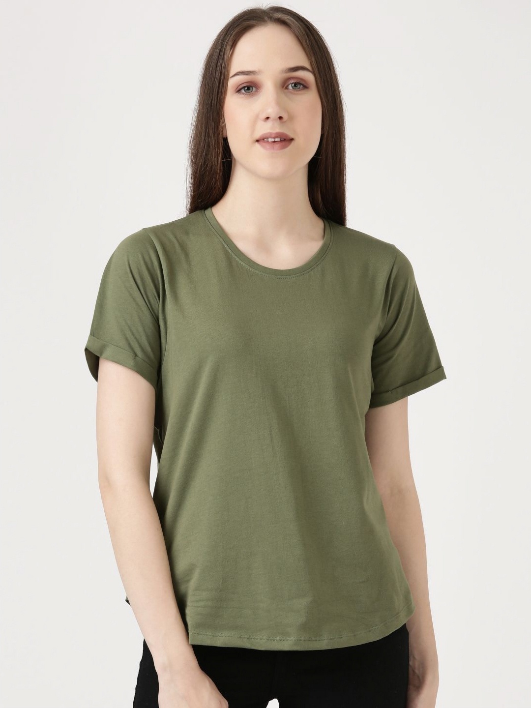 

FILMODE Women Drop-Shoulder Sleeves Bio Finish Raw Edge T-shirt, Olive