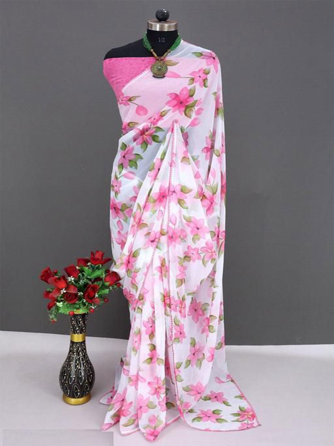 

LADY SHOPI Floral Pure Georgette Saree, White