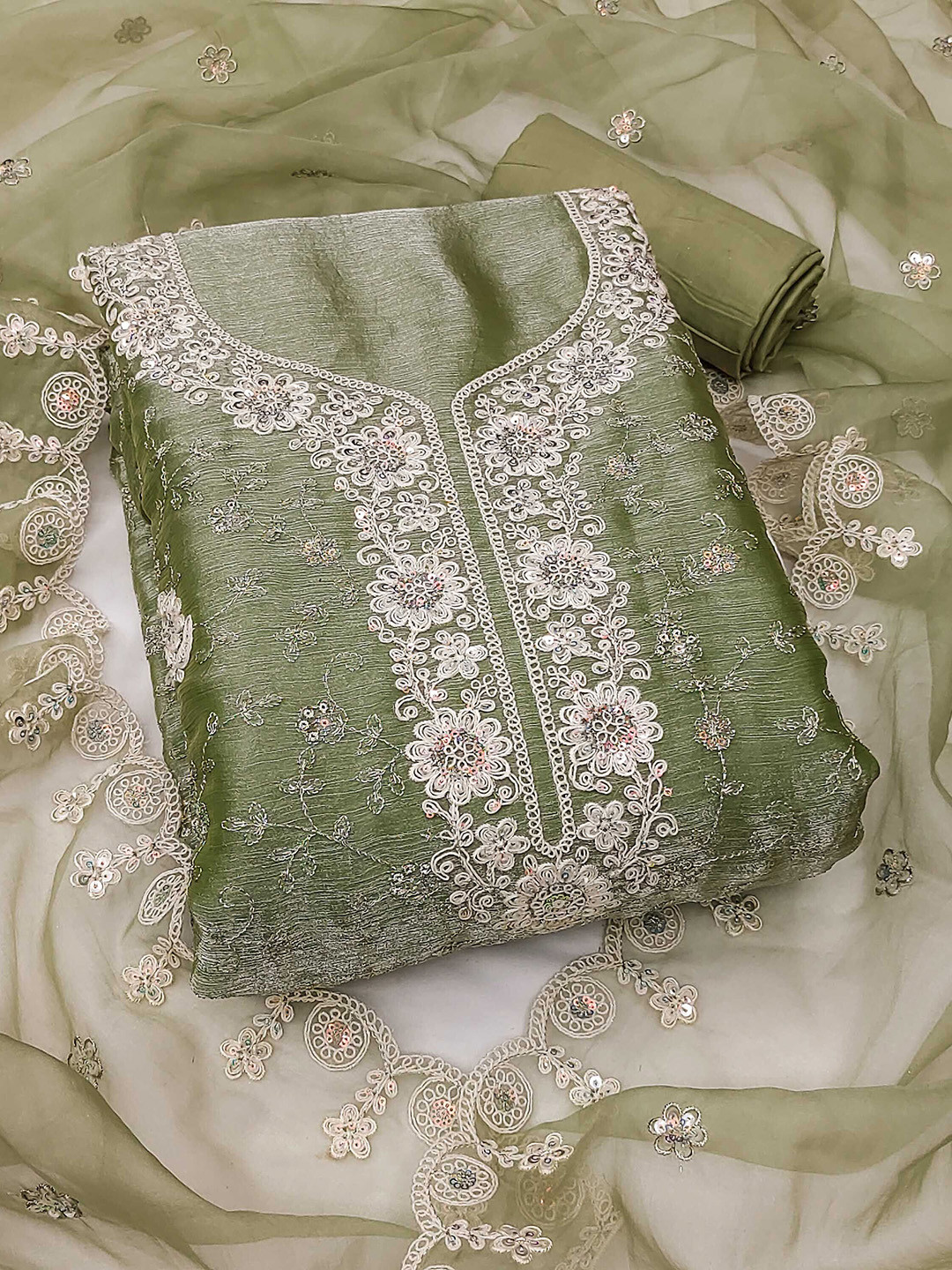

SHADOW & SAINING Embroidered Pure Silk Semi-Stitched Dress Material, Sea green