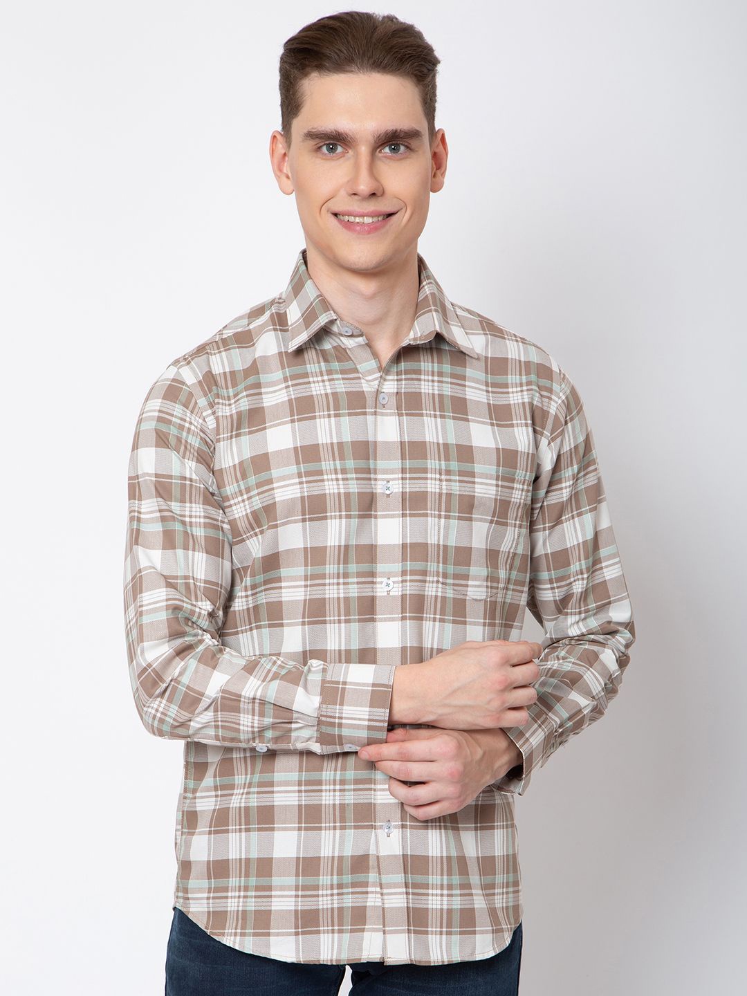 

Sparky Men Tartan Checks Opaque Checked Casual Shirt, Cream