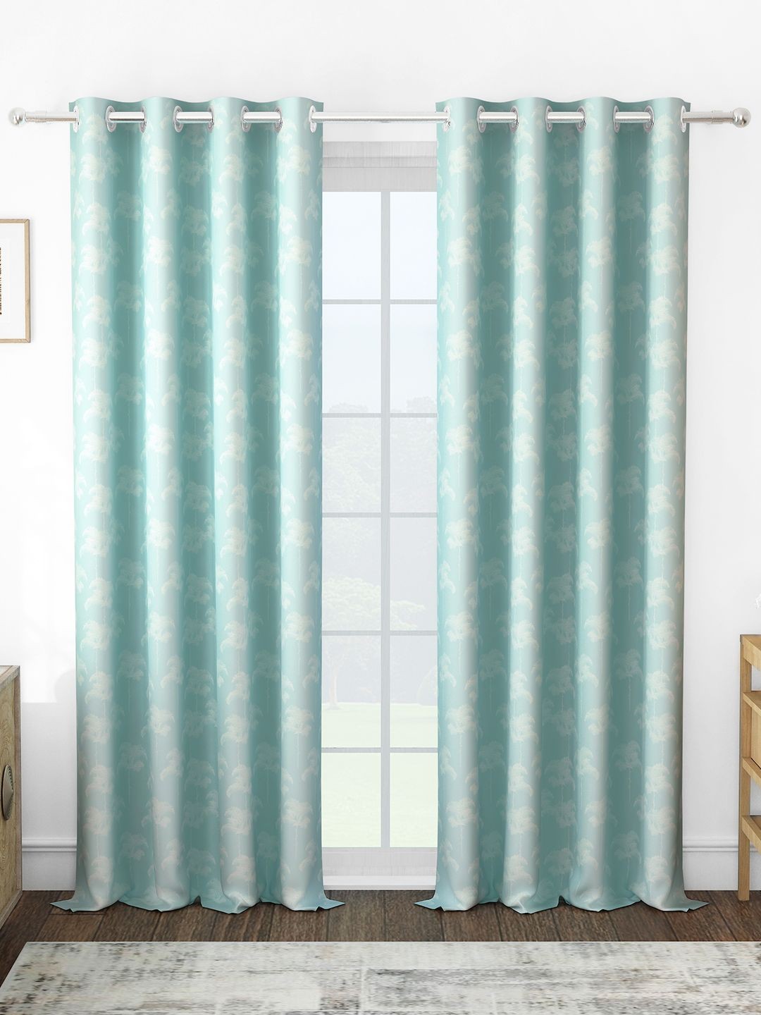 

Story@home Turquoise Blue & White Set of 2 Floral Room Darkening Long Door Curtain
