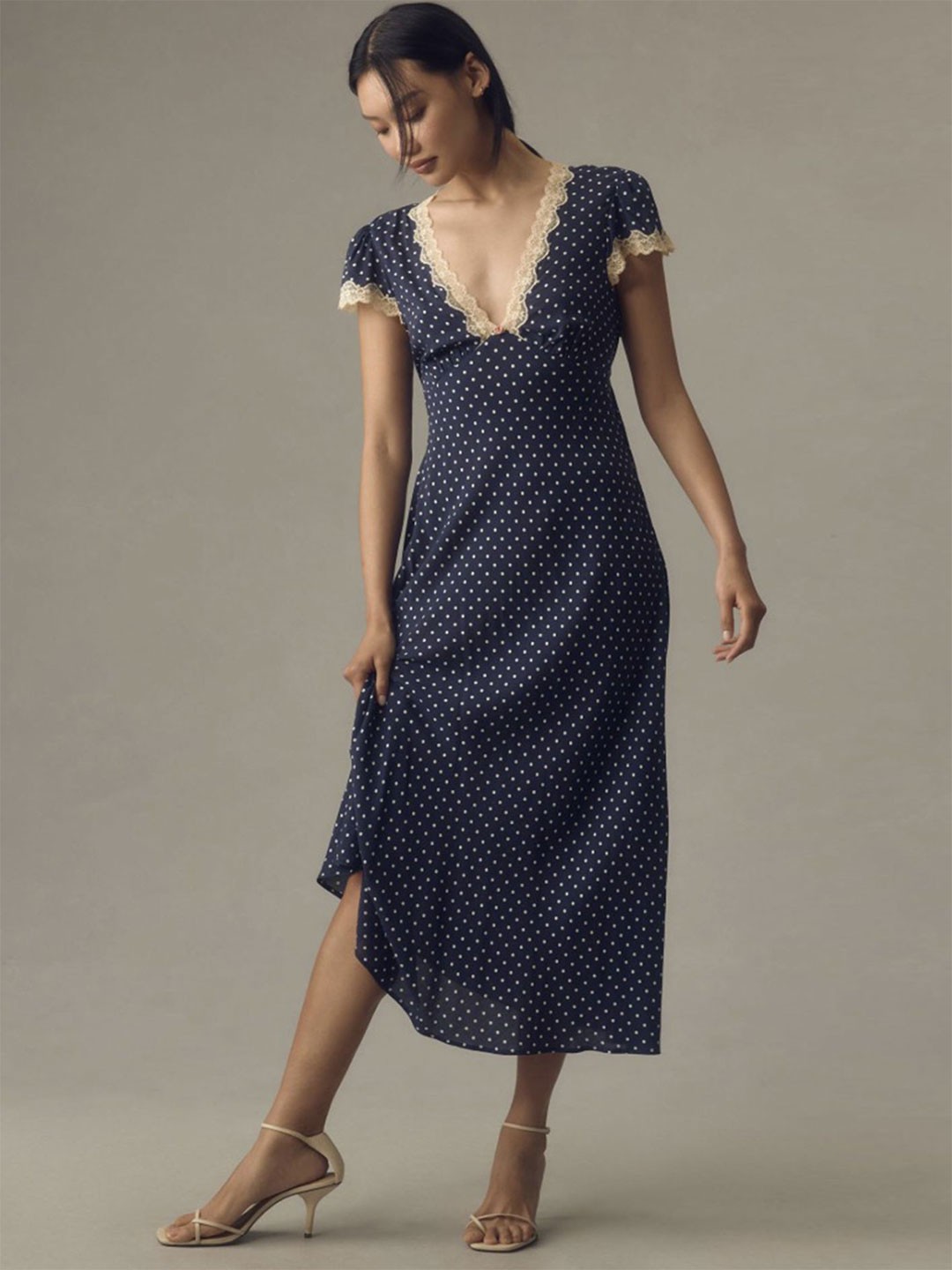 

LULU & SKY Polka Dot Print A-Line Midi Dress, Navy blue
