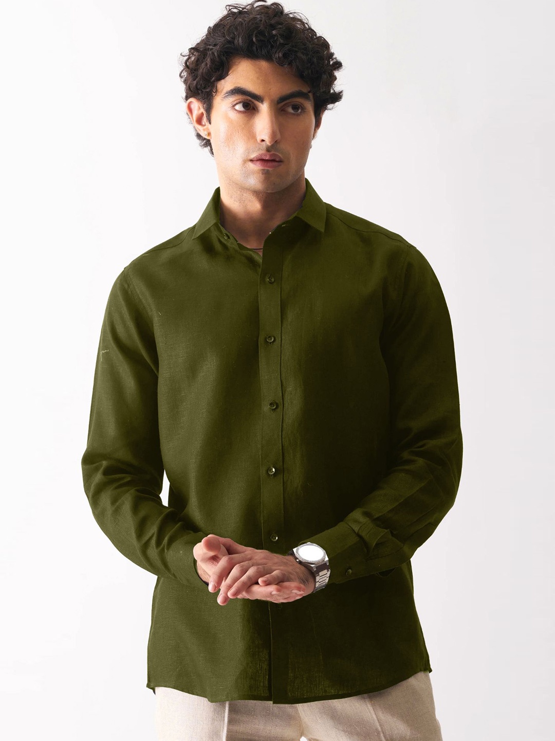 

SHANLIYA Men Classic Opaque Casual Shirt, Olive