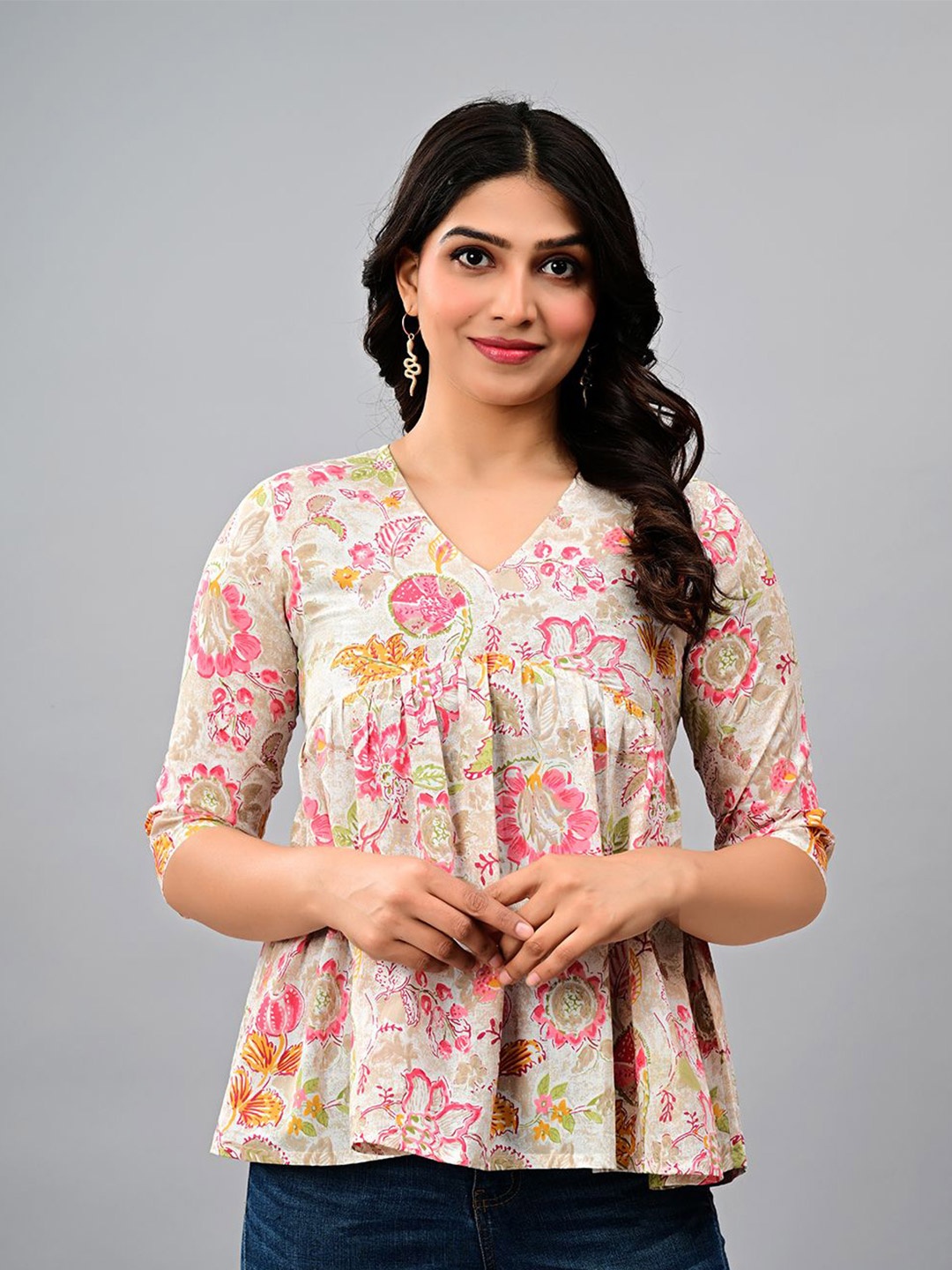 

CORDSET Floral Print Cotton Top, Off white