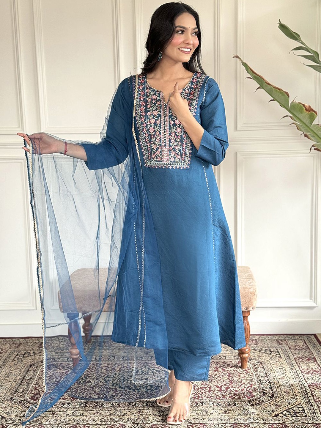 

Mitera Women Floral Embroidered Regular Chanderi Silk Kurta with Pyjamas & With Dupatta, Blue