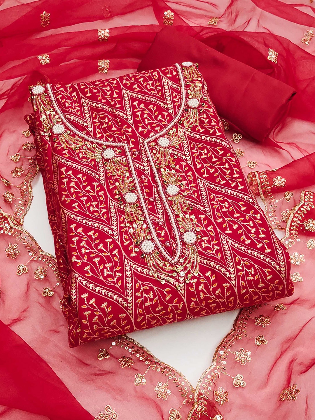 

SHADOW & SAINING Printed Pure Silk Semi-Stitched Dress Material, Red