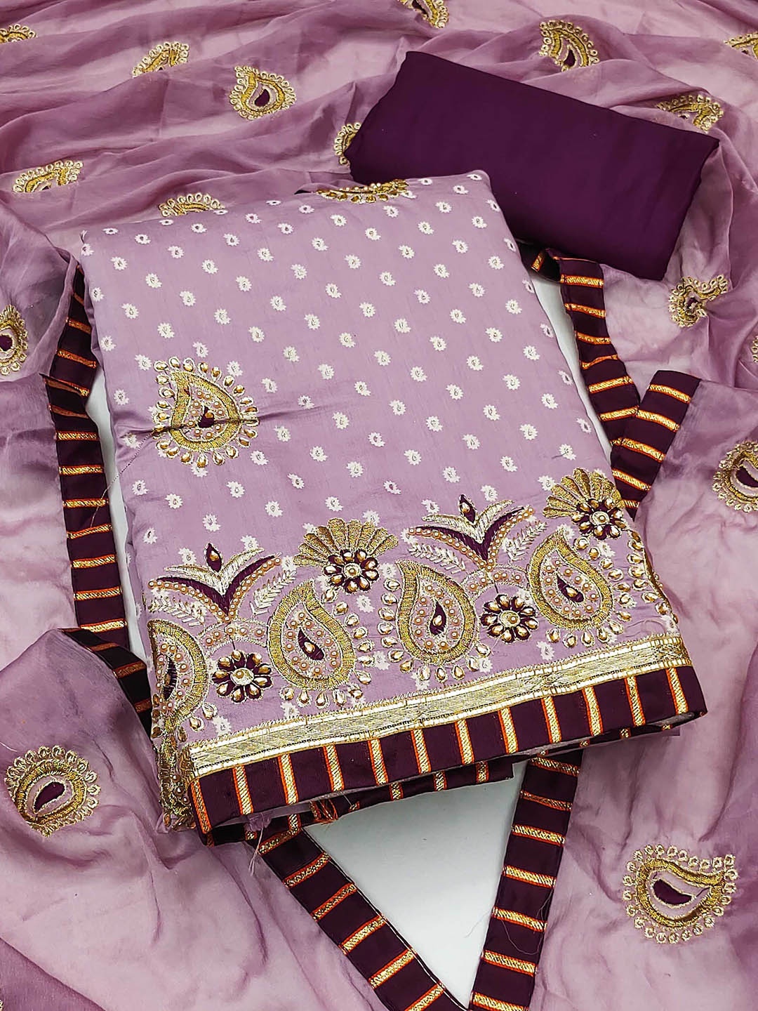

SHADOW & SAINING Embroidered Pure Cotton Semi-Stitched Dress Material, Purple
