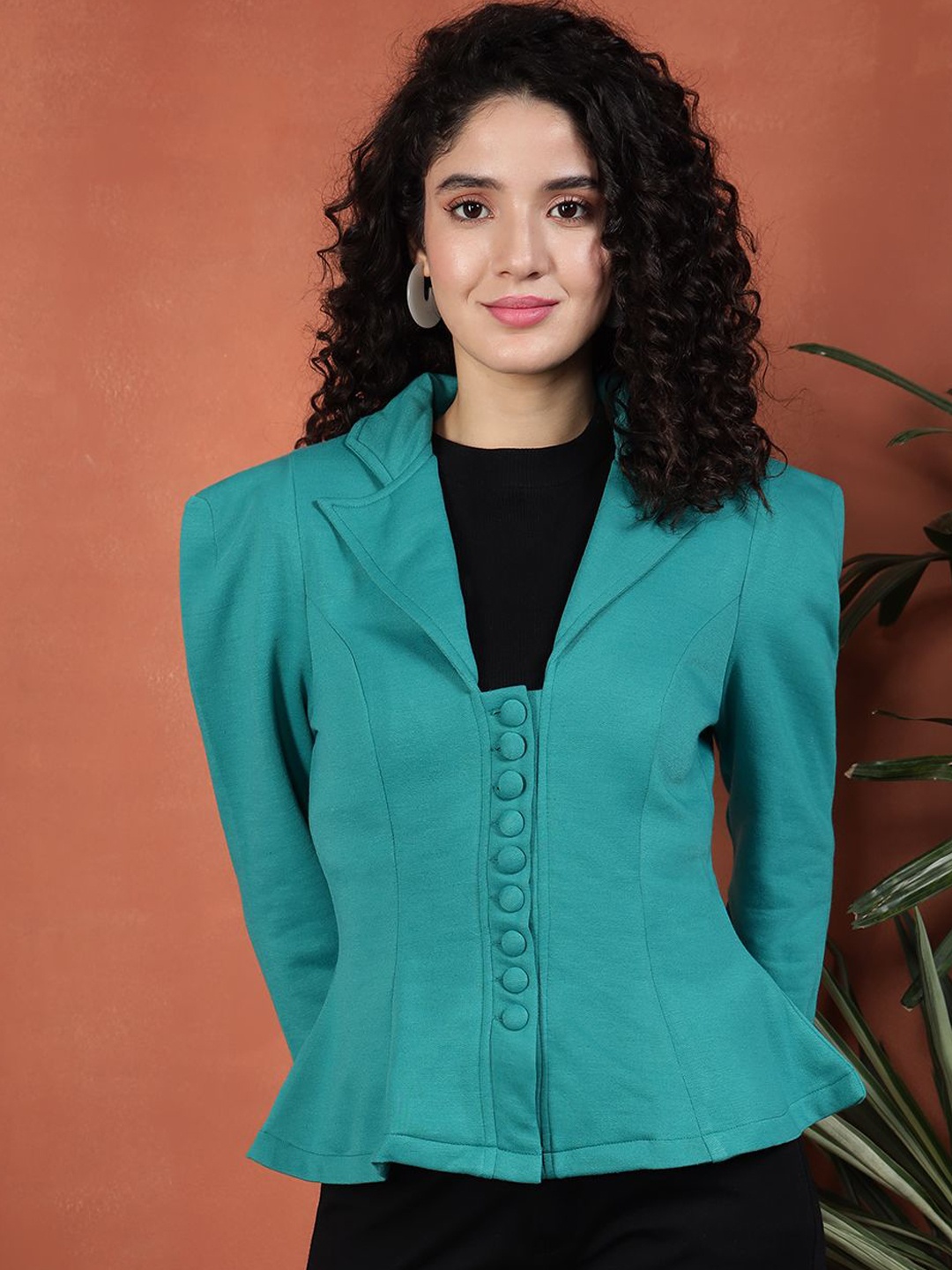 

BAESD Notched Lapel Leather Single Breasted Blazer, Sea green