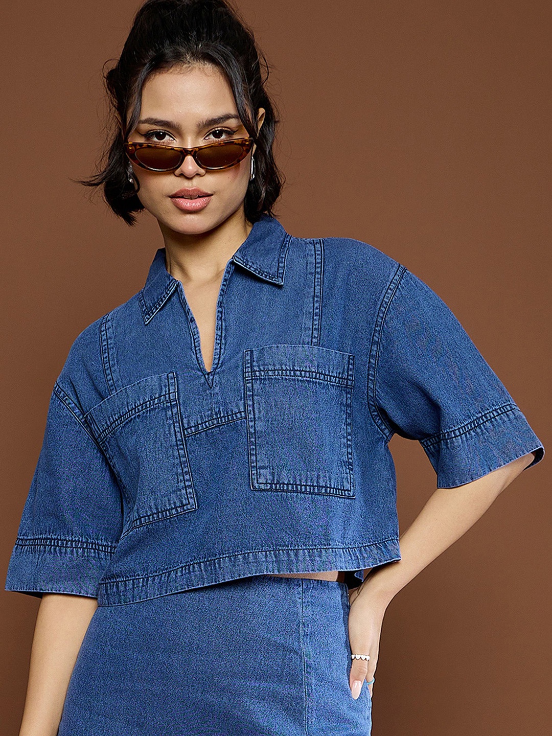 

SASSAFRAS Cotton Denim Boxy Crop Top, Blue