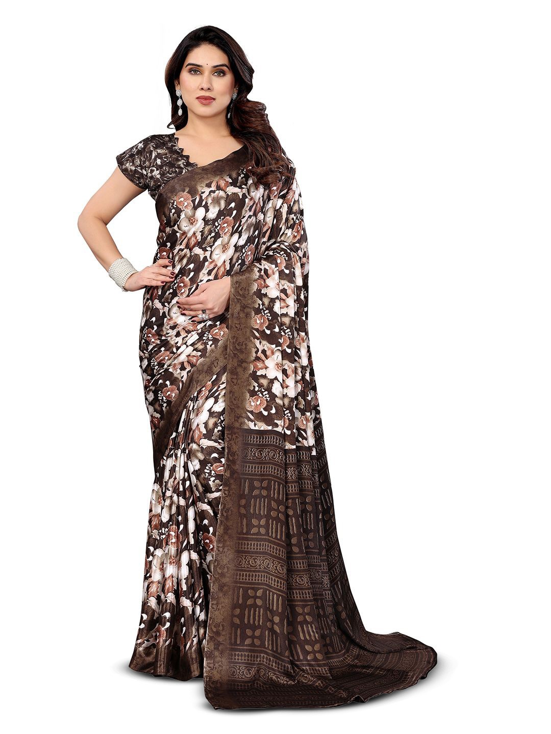 

Moda Rapido Floral Silk Blend Saree, Brown