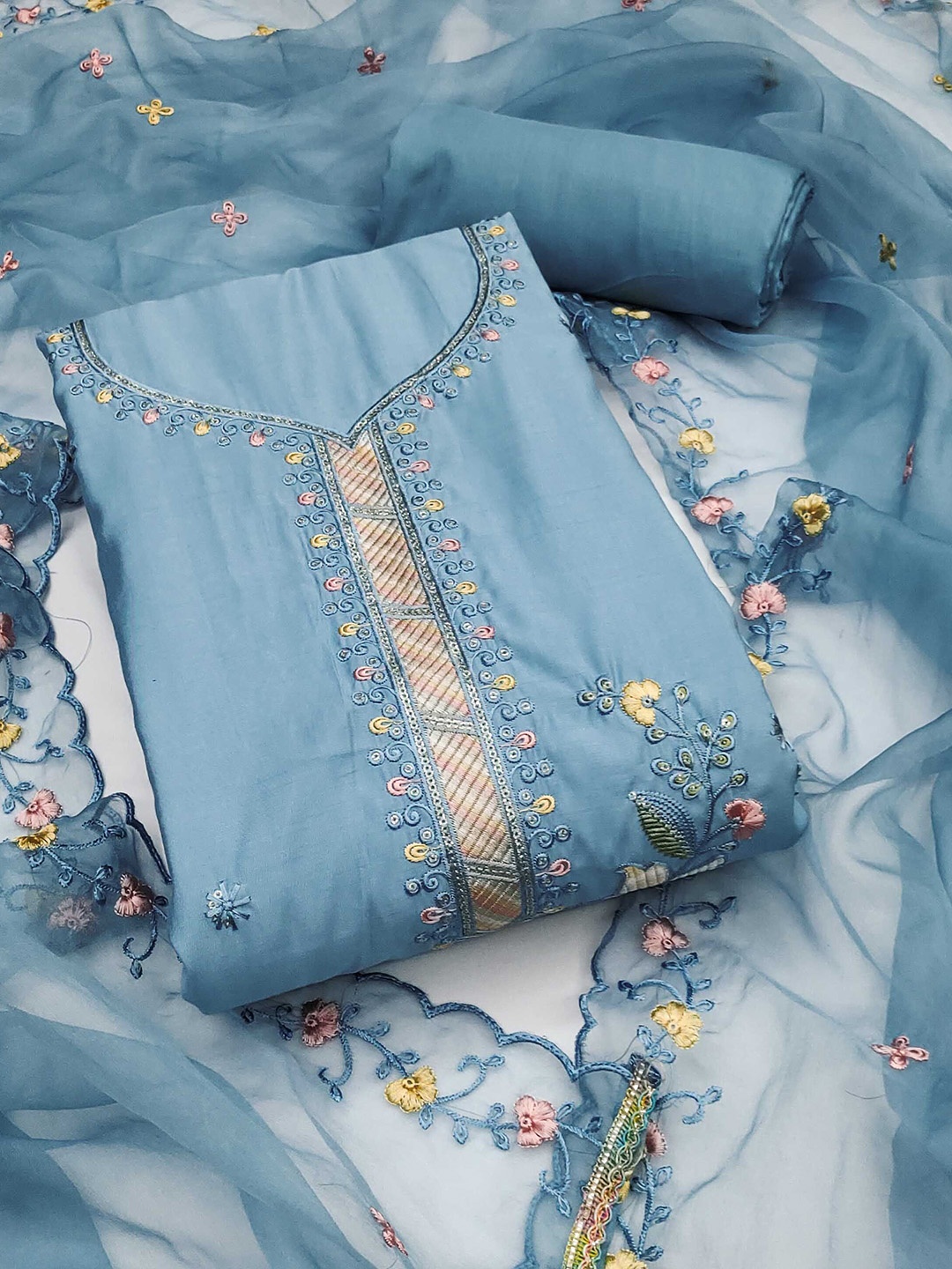 

SHADOW & SAINING Embroidered Pure Cotton Semi-Stitched Dress Material, Blue