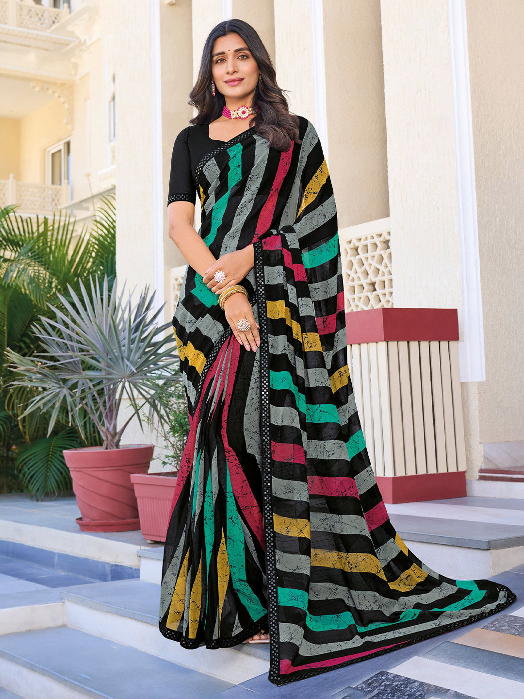 

Laxmipati Striped Sequinned Saree, Black