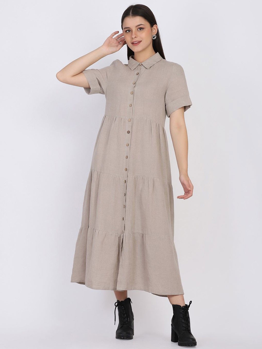 

ECO LEAS BY SHIPRA Linen Shirt Midi Dress, Beige