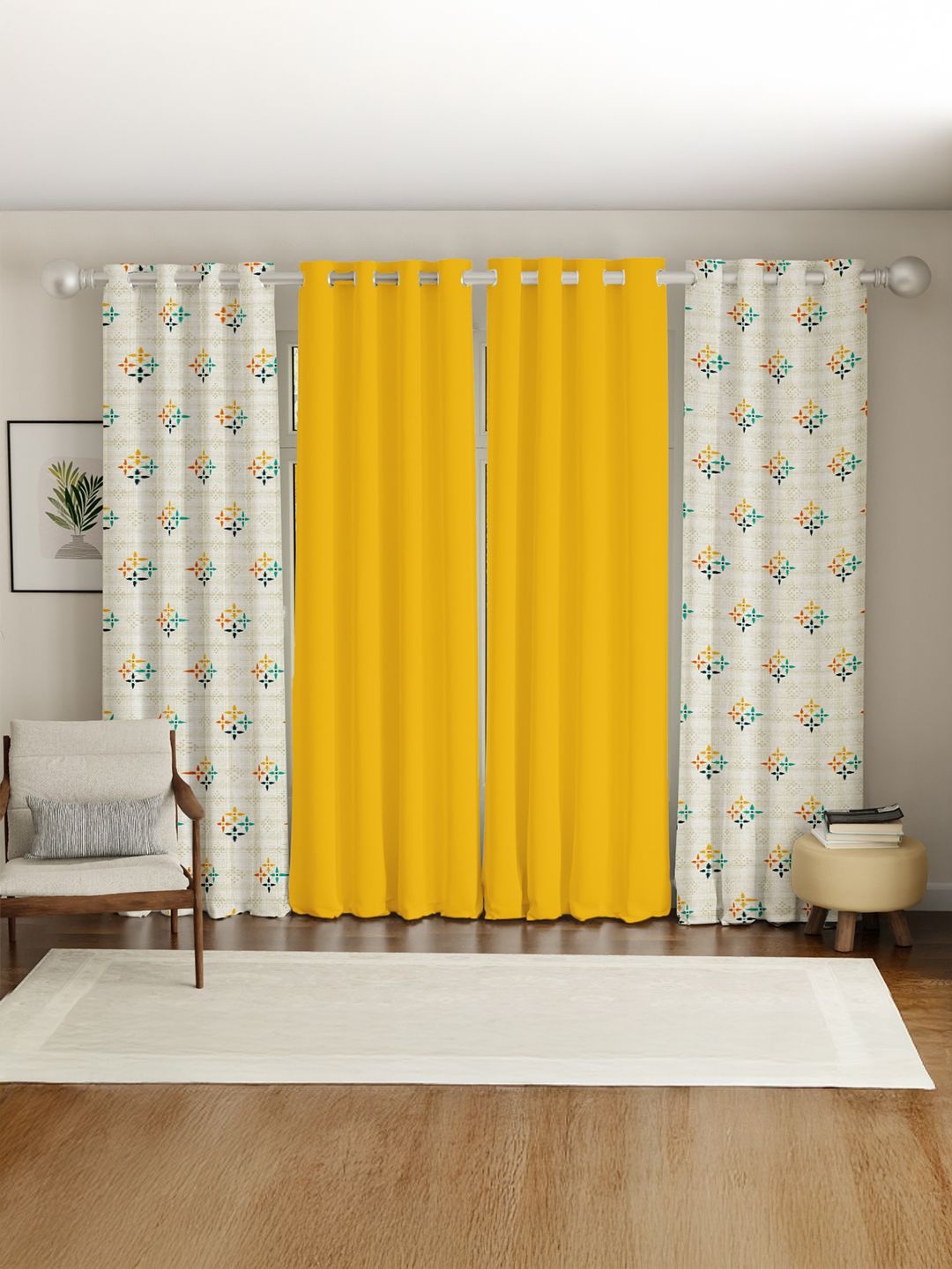 

URBAN SPACE Yellow & White Set of 4 Floral Door Curtain