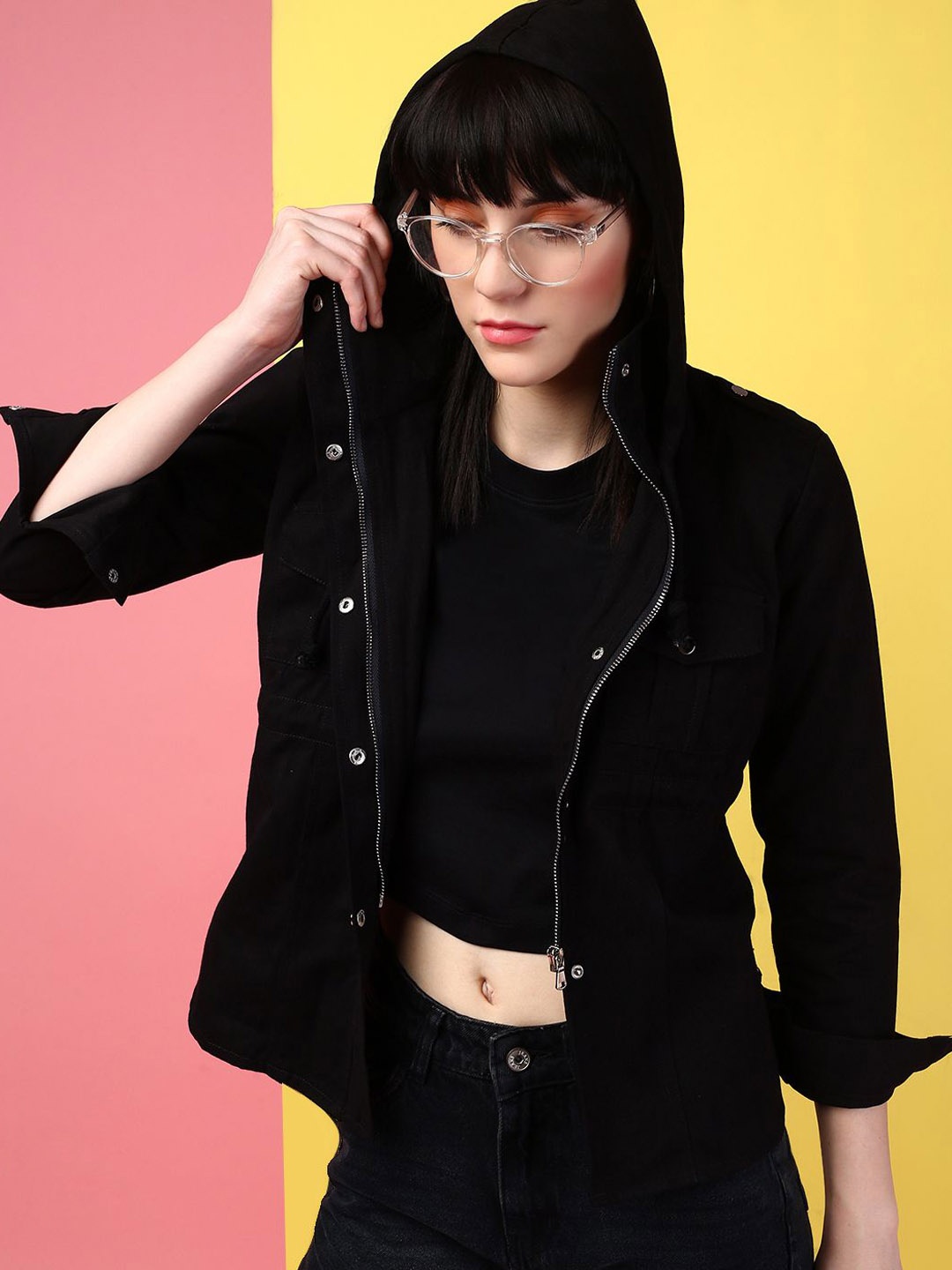 

Kaali Peeli Women Washed without Longline Tailored Jacket, Black
