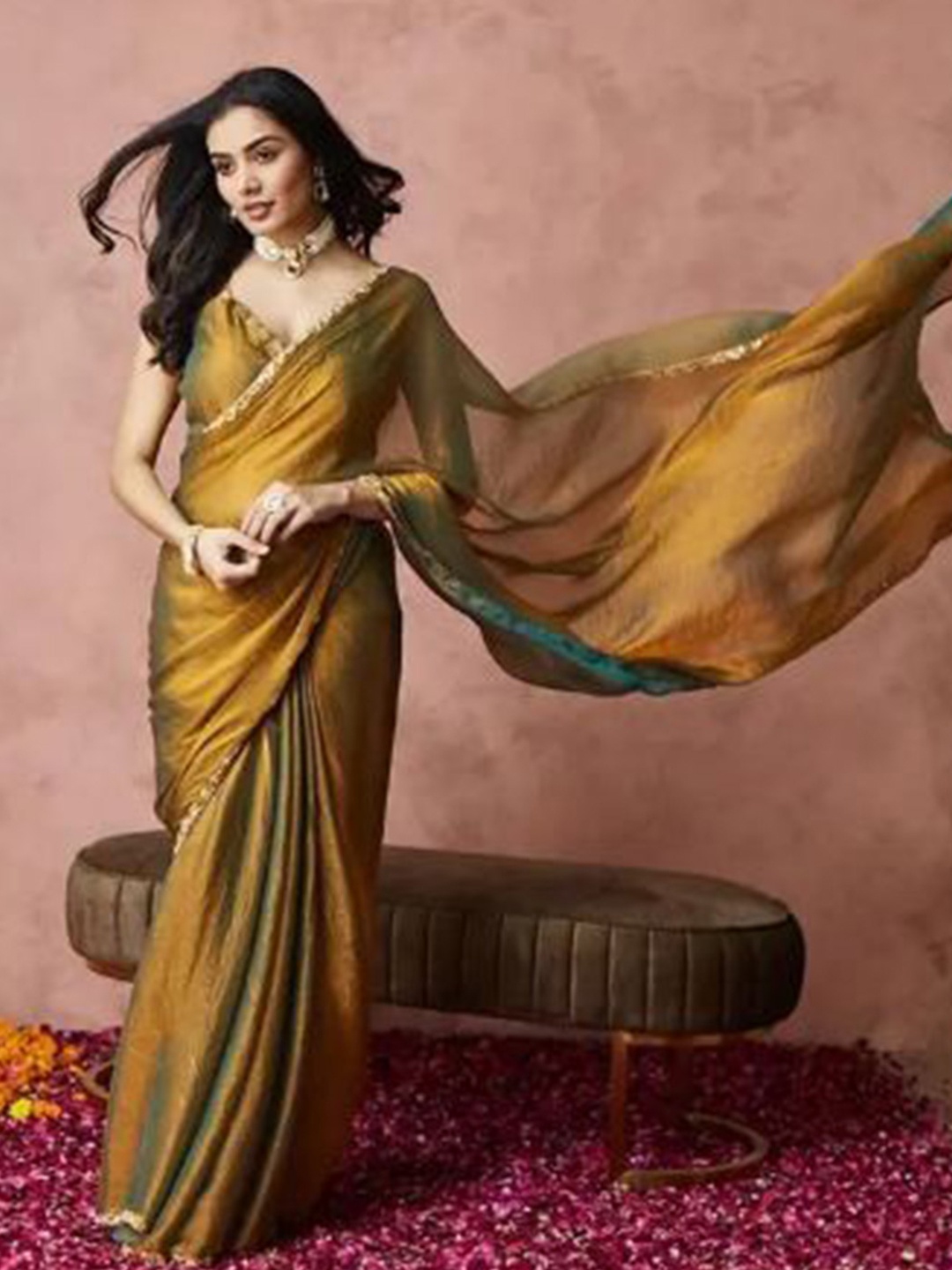 

saretramall Embellished Beads and Stones Tissue Tussar Saree, Mustard