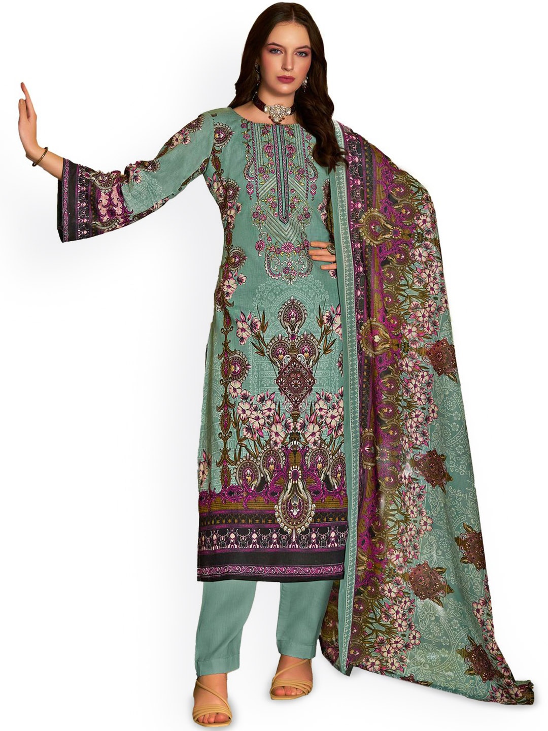 

DRAVINAM Trends Embroidered Pure Cotton Unstitched Dress Material, Green