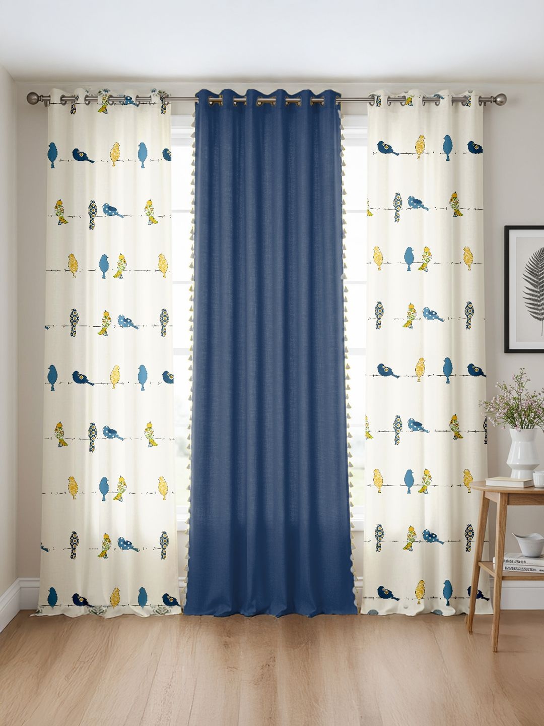 

URBAN SPACE Blue & White Set of 3 Floral Long Door Curtain