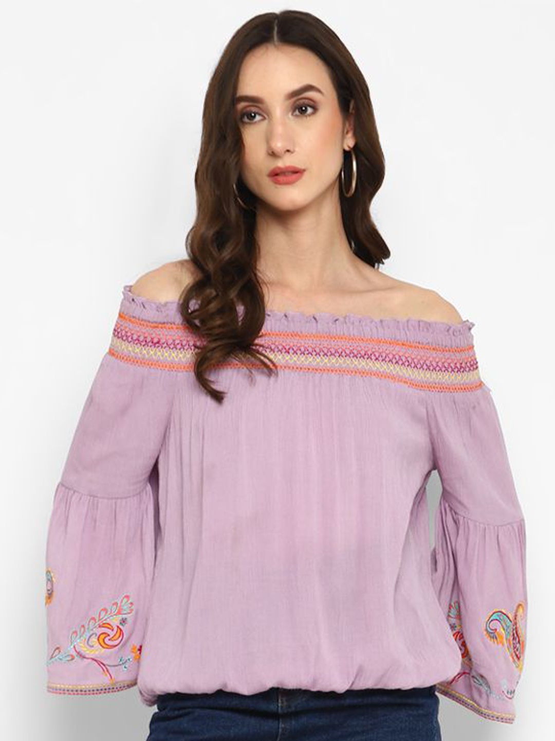 

Taurus Embroidered Off-Shoulder Top, Purple