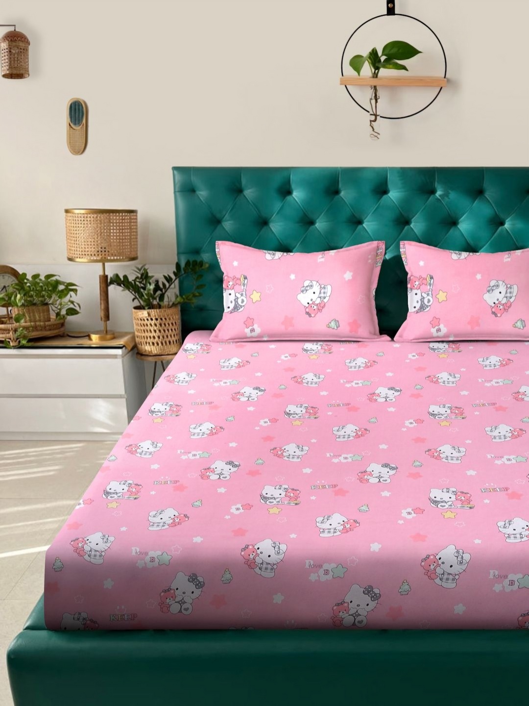 

Myntra Elegant Homes Pink & White Cartoon Characters 400 TC King Bedsheet with 2 Pillow Covers