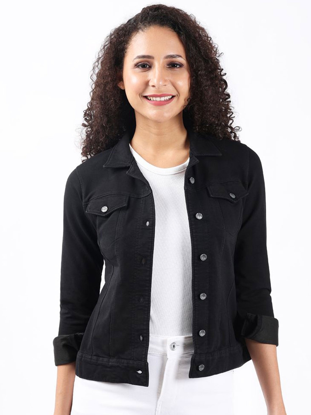 

Bonnaty Women Washed Cotton Crop Denim Jacket, Black