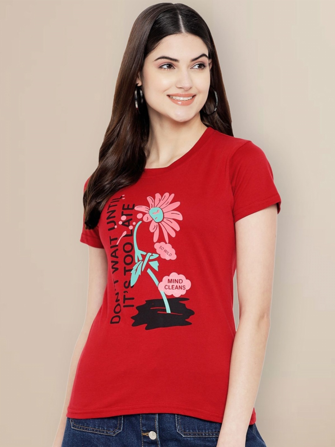 

GLOBAL NOMAD Women Typography Printed T-shirt, Maroon