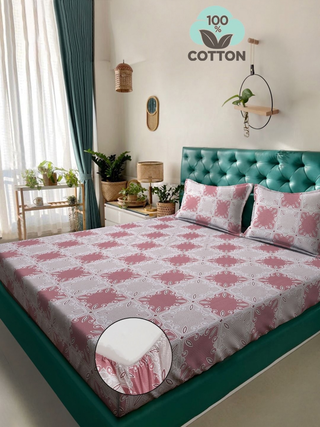 

Myntra Elegant Homes Pink & Grey Ethnic Motifs 400 TC King Bedsheet with 2 Pillow Covers