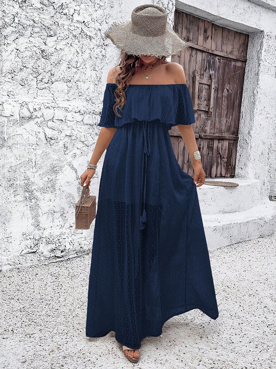 

bebe Off-Shoulder Maxi Dress, Navy blue