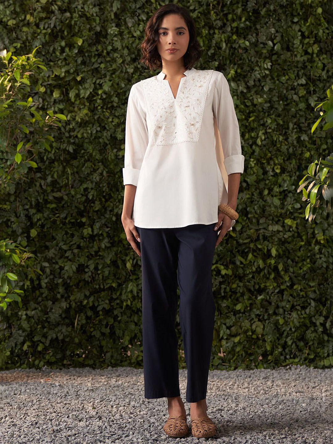 

Lakshita Embroidered Mandarin Collar Top, Off white
