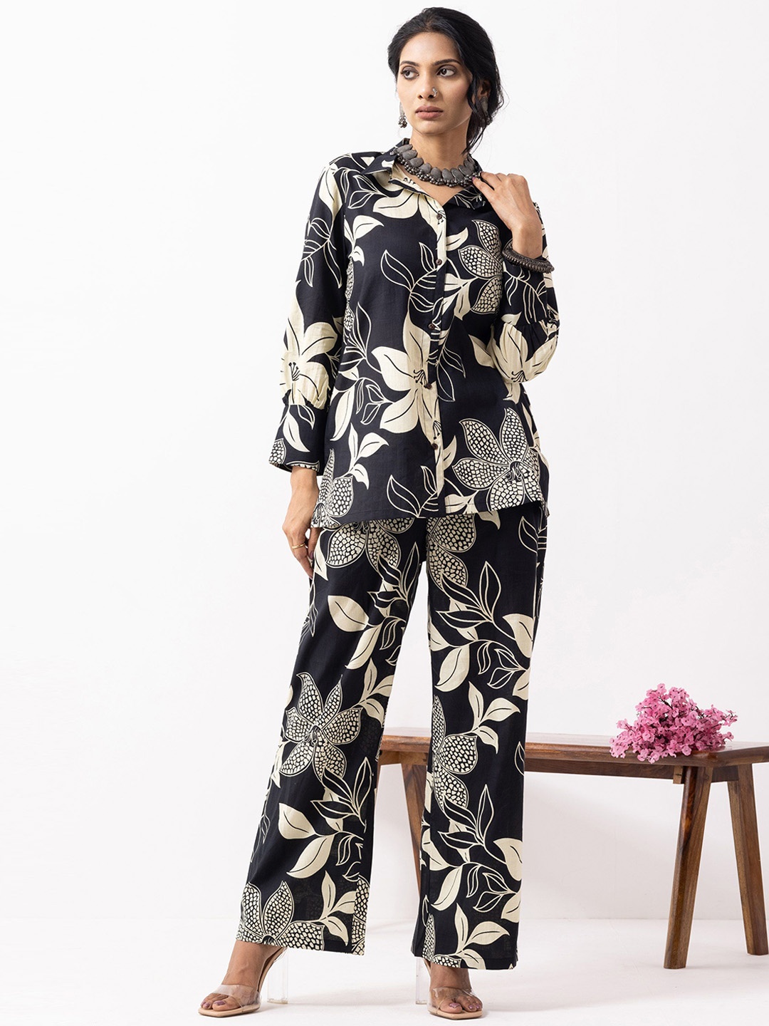 

THE INDIAN CAUSE Printed Pure Cotton Shirt Collar Shirt With Trousers Co-Ords Set, Black